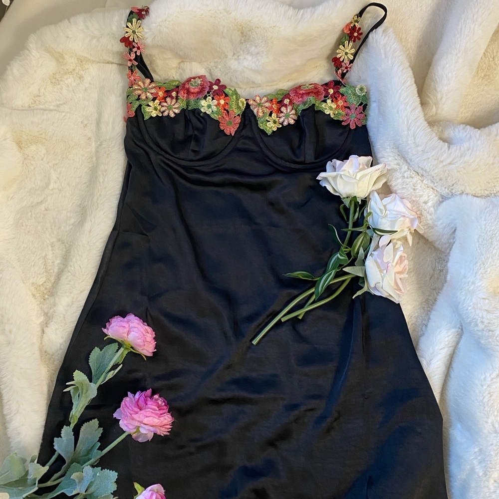 Floral Embroidered Satin Black Slip Dress Lingerie